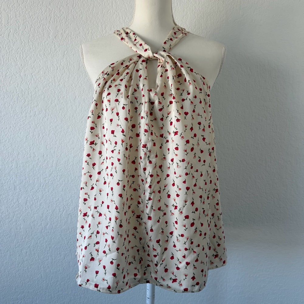 NWT 1.STATE Floral Halter Top Cream‎ Red Rose Print Size Large